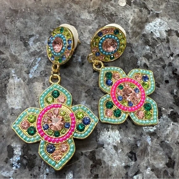 2/$25 or 3/$35 NWOT Fully rhinestoned colorful floral drop earrings - Picture 6 of 8